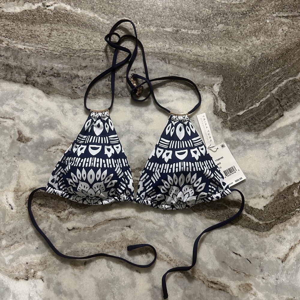 Trina Turk Navy & White Halter Swim Top with Gold Ring Detail